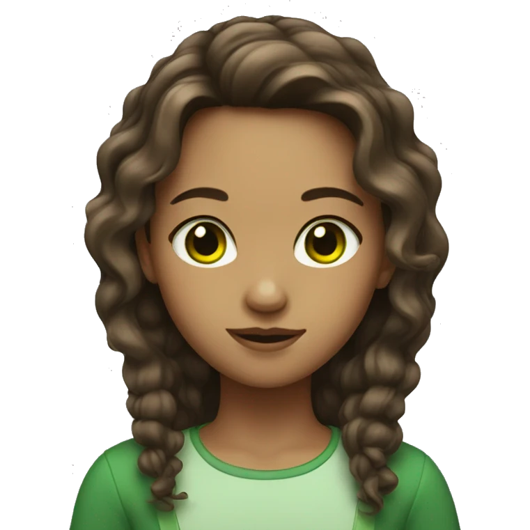A girl with brown wavy middle-parted hair with GREEN eyes emoji
