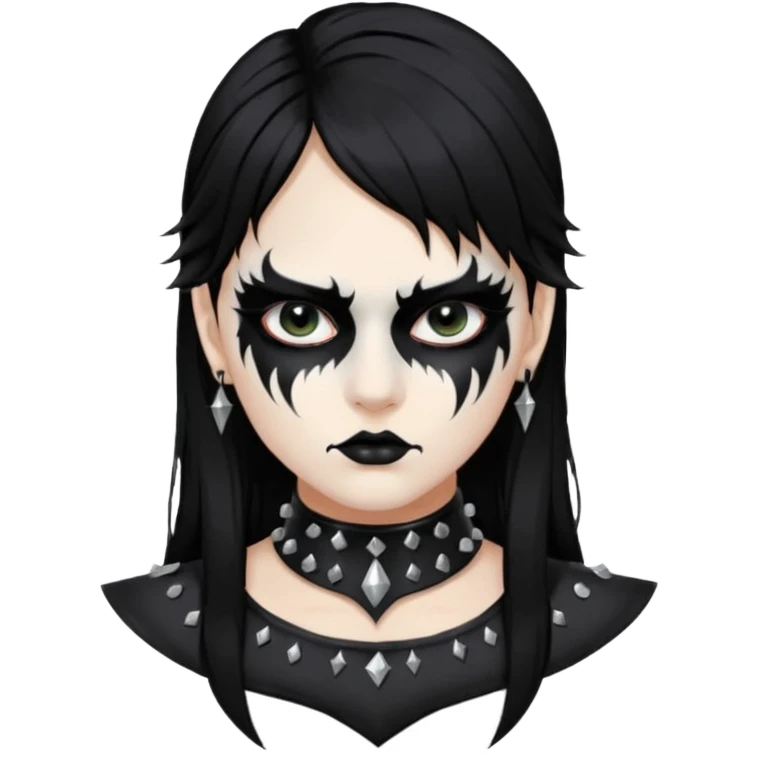 Crea una ragazza con stile black metal,  paint face black metal, capelli neri mossi dalle spalle e occhi bianchi e un collare con borchie a punta emoji