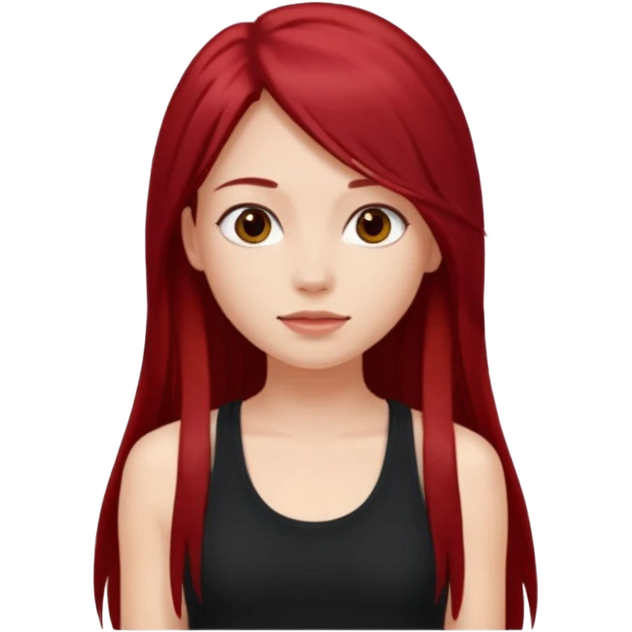 a pretty bratz fair girl with long dark red straight hair, wearing a black tank top emoji
