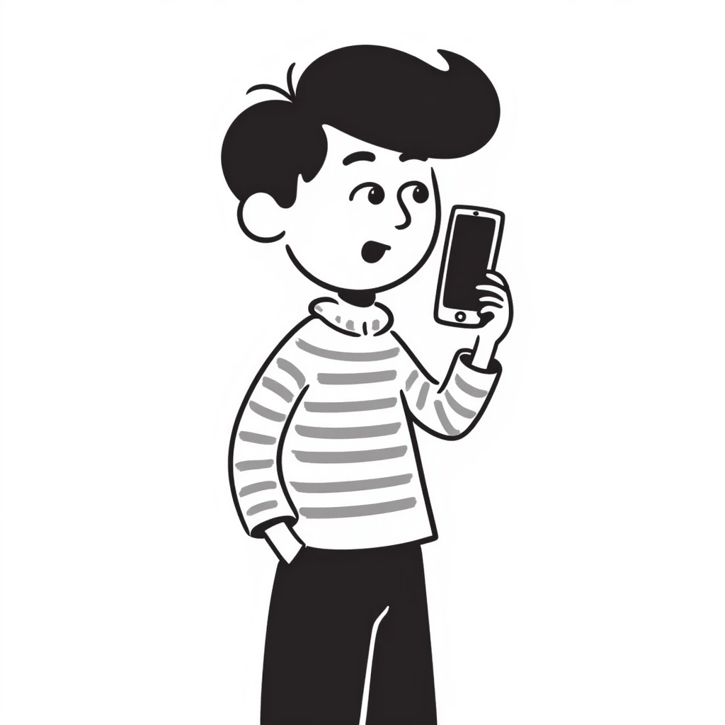 a boy taking a selfie awkwardly, hand drawn doodle style emoji