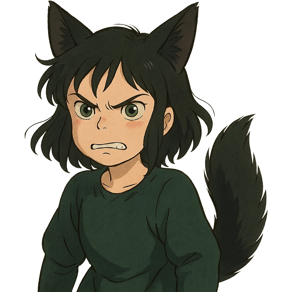 A girl with black fox ears and a tail, green eyes, dark hair, looking angry emoji