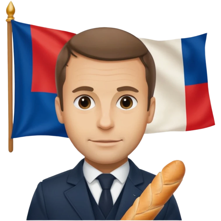Macron avec une baguette et un drapeau français derrière lui emoji