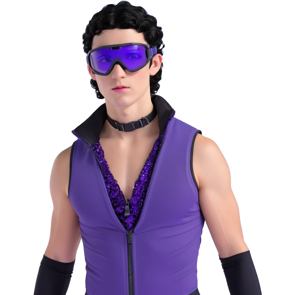 male athlete with white skin and moderately curly black hair on top with shaved sides, wearing ski goggles with purple frames and very dark black lenses, a simple plain black chain necklace, and a completely unzipped sleeveless vest with purple and black sequin fire pattern design, fully revealing his chest, shoulders and arms, no earrings emoji