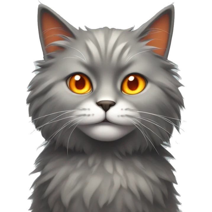 Mad Grey fluffy cat with white neckline and orange eyes emoji