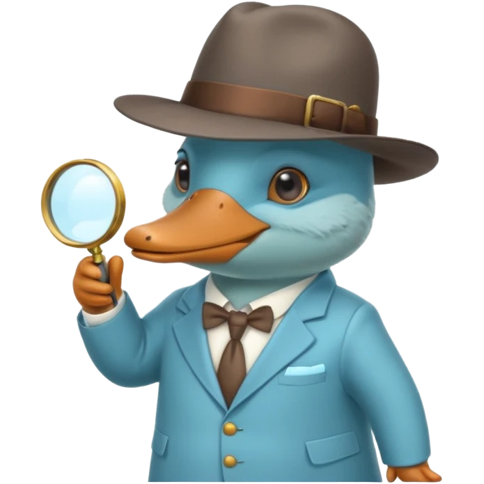 cute light blue turqiouse platypus with a detective hat and monocle on his eye, no  hands, looks like a platypus but blue, the hat and suit are not blue emoji