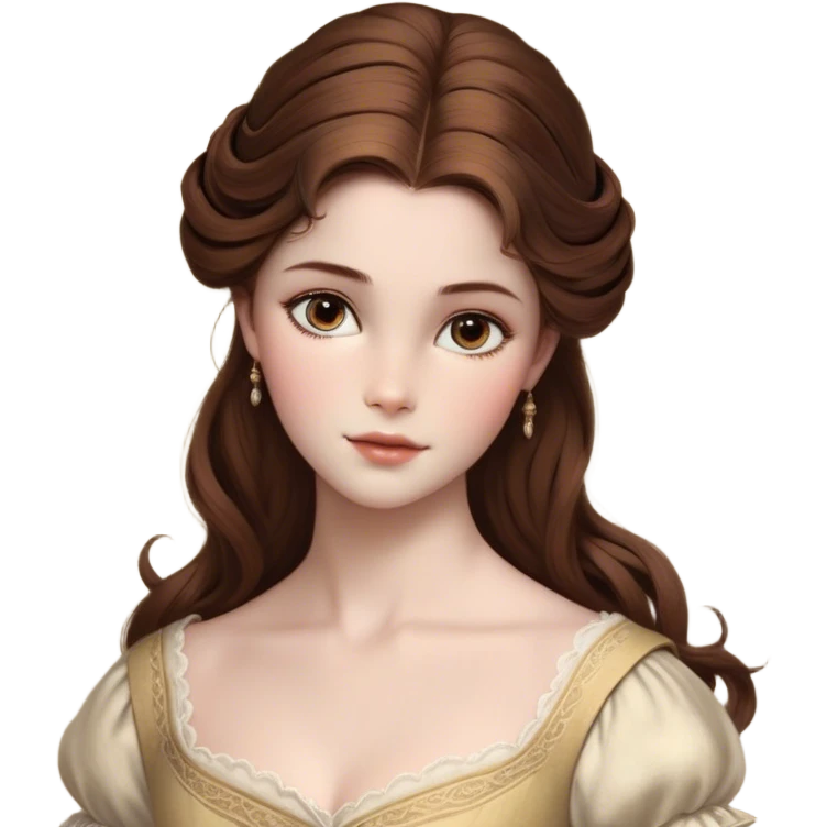 Cinematic Realistic Belle Portrait, depicted with lifelike skin texture, soft natural lighting, and intricately detailed brown hair styled elegantly. Her deep, expressive eyes exude warmth and intelligence, complemented by a serene and graceful expression. She is dressed in her classic attire, with rich fabric textures and delicate folds that catch the light beautifully. The portrait features a soft, enchanting glow with a natural, radiant finish, capturing the essence of timeless beauty in a realistic and painterly style, evoking a sense of depth and authenticity. emoji