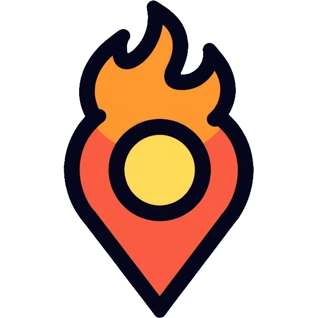 A map location pin marker on fire with flames coming out the top emoji