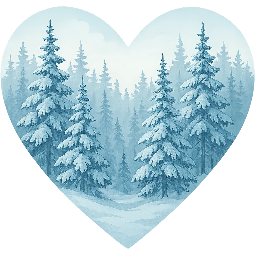 heart with a tranquil snowy fir grove, clean digital illustration emoji