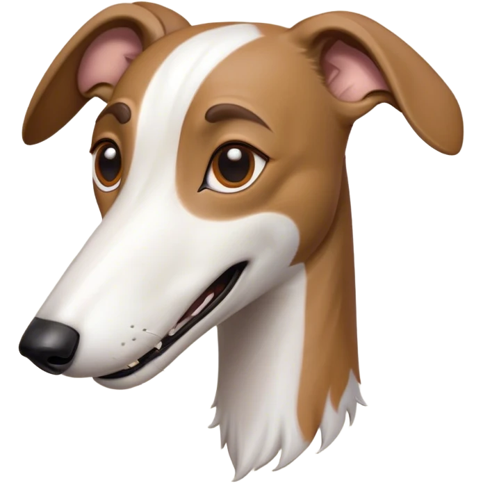 Cinematic Comical White and Brown Greyhound Portrait Emoji, Head tilted dramatically with an exaggeratedly amused expression, featuring a striking white Fur with dynamic brown accents, wide, expressive eyes filled with playful disbelief, Simplified yet hilariously expressive features, highly detailed, glowing with a slightly sassy glow, high shine, dramatic yet playful, stylized with an air of cheeky mischief, bright and endearing, soft glowing outline, capturing the essence of a spirited and over-the-top racer, so meme-worthy it feels like it could side-eye its way into internet fame instantly! emoji