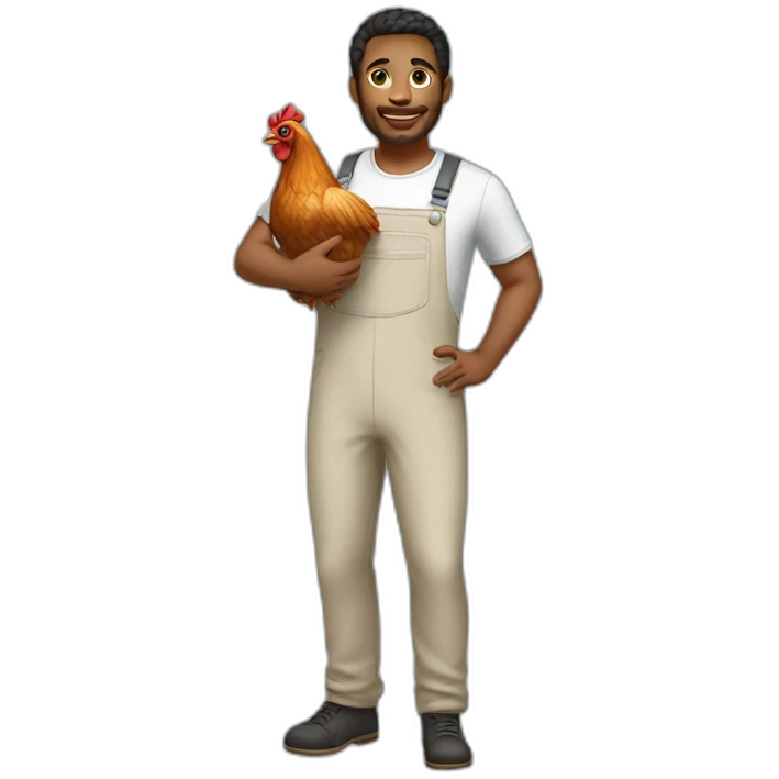 Man in a jumpsuit holding a chicken emoji