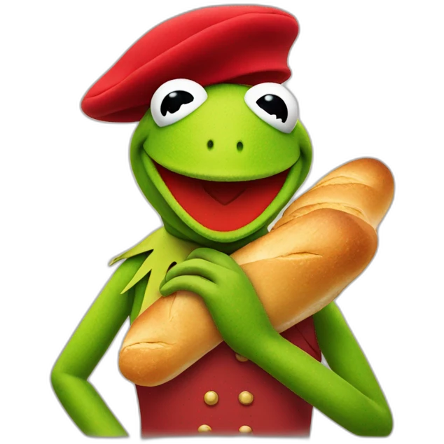 kermit the frog with a red beret and a baguette and being french emoji