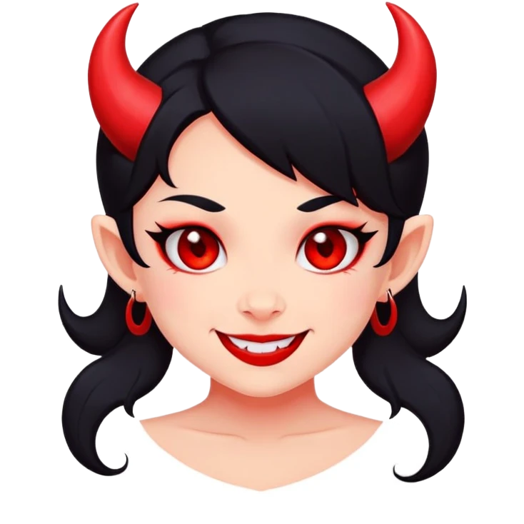 VK sticker style devil girl, cute, simple design, bold outlines, flat colors, red skin, small horns, mischievous smile, expressive eyes. emoji