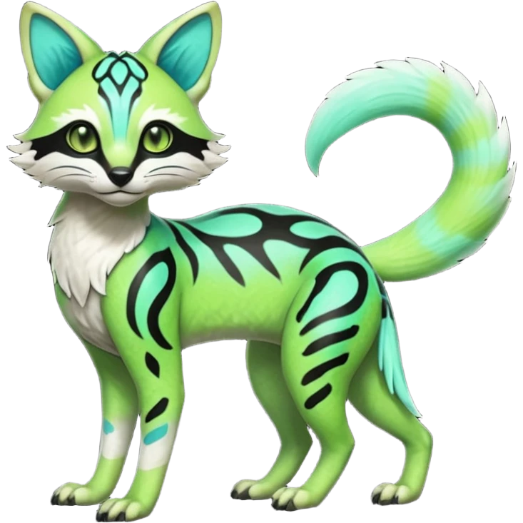 Rare realistic iridescent neon lime-green & cyan white black lush tropical exotic edgy epic pretty beautiful handsome gorgeous aesthetic colorful vibrant Vernid-Protogen-Primagen-Genet-Trico-species-Fakemon-hybrid-creature by LiLaiRa, beautiful intricate markings, full body emoji