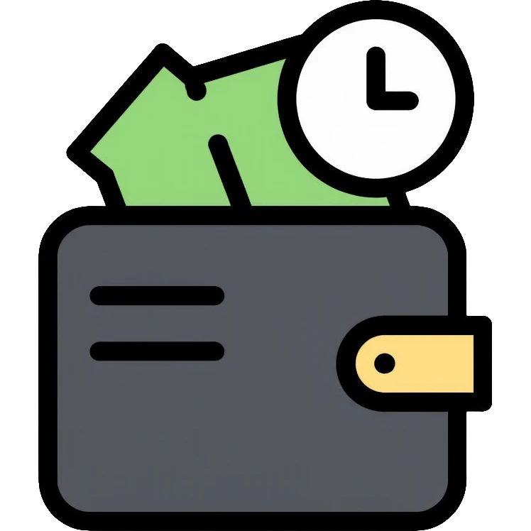 black wallet with dollars inside and a small clock in top right corner positioned above the wallet emoji