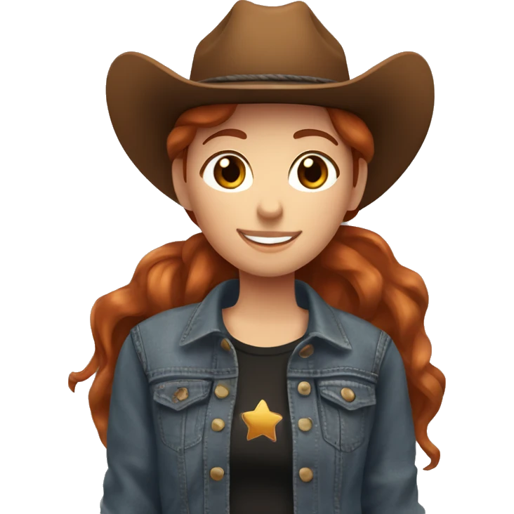 Girl with short red hair, with brown eyes, smiling, wearing a denim jacket and black shirt and brown cowgirl hat, hugging her brown horse that has a white spot on her forehead. emoji