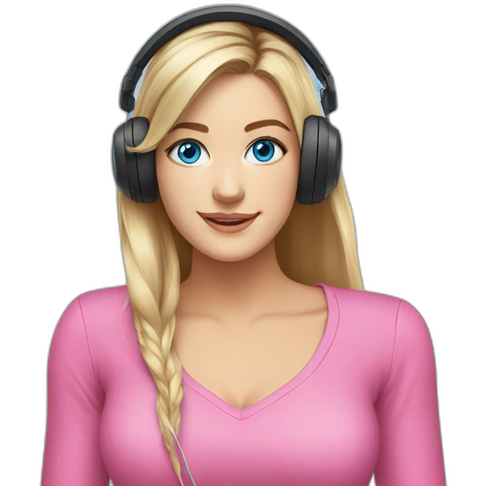 iJustine wearing pink shirt wearing gaming headset celebrating blue eyes emoji