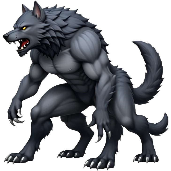 cinematic-noble-fierce-werewolf-full body on all fours-emoji, poised-and-imposing, with a tall, lean, and muscular wolfish frame inspired by the brutal, imposing shape of the beast from Berserk, fur rippling in shades of midnight black and silver, massive paws with razor-sharp claws, elongated limbs and fangs, eyes glowing with an intense, primal ferocity, reflecting the untamed power of the wild moonlit night; rendered with realism like a wolf emoji