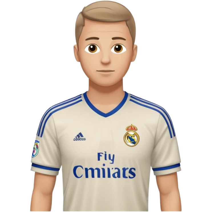 White male wearing Adidas Real Madrid jersey with Champions logo on sleeve emoji