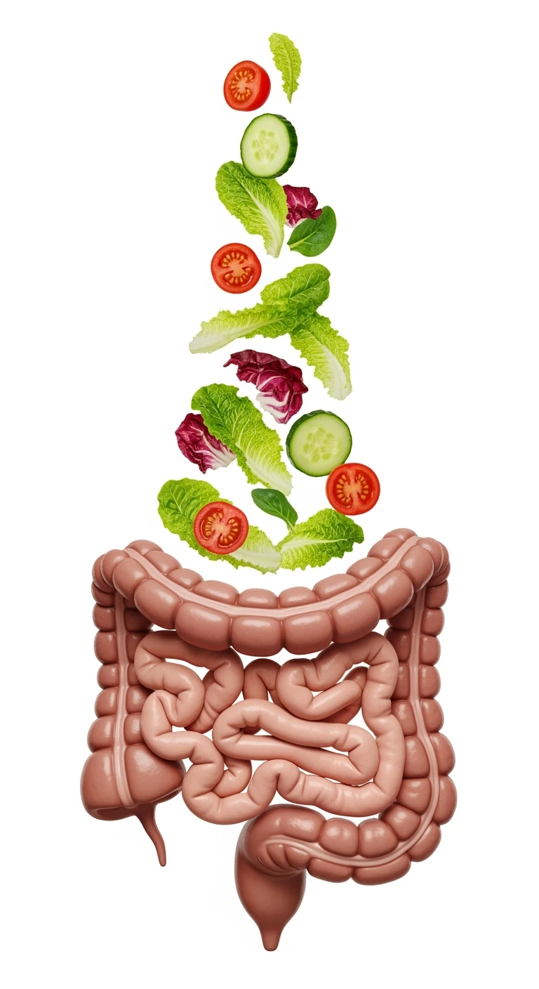 INSALATA CADE VERTICALMENTE SU UN INTESTINO ANATOMICO REALISTICO, iperrealistico 4k, ISOLATA SU SFONDO BIANCO emoji