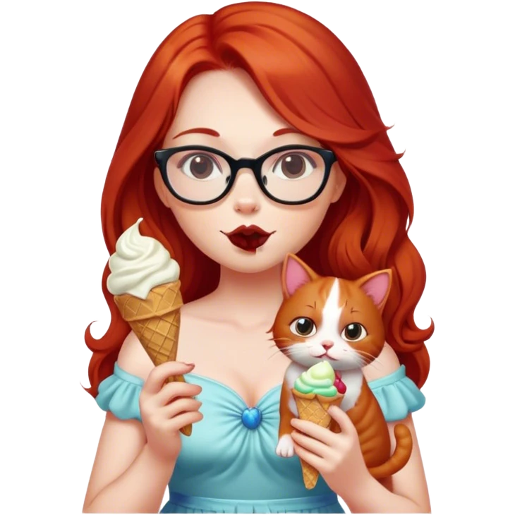￼ ผู้หญิงใส่ชุดเดรสถือแมวกินไอติมใส่แว่นผมยาวสีแดง emoji