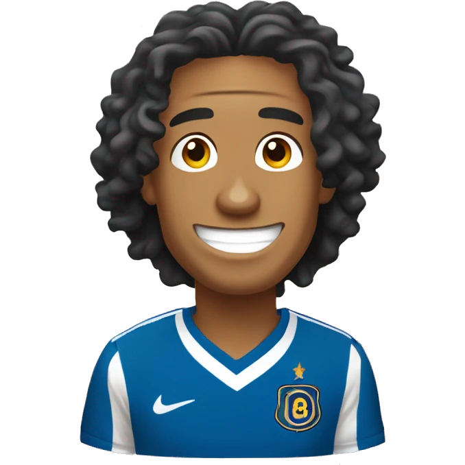 “2D emoji of Ronaldinho with a big smile, curly hair, and cartoonish features. Simplified, bold outlines, vibrant colors, and transparent background.” emoji