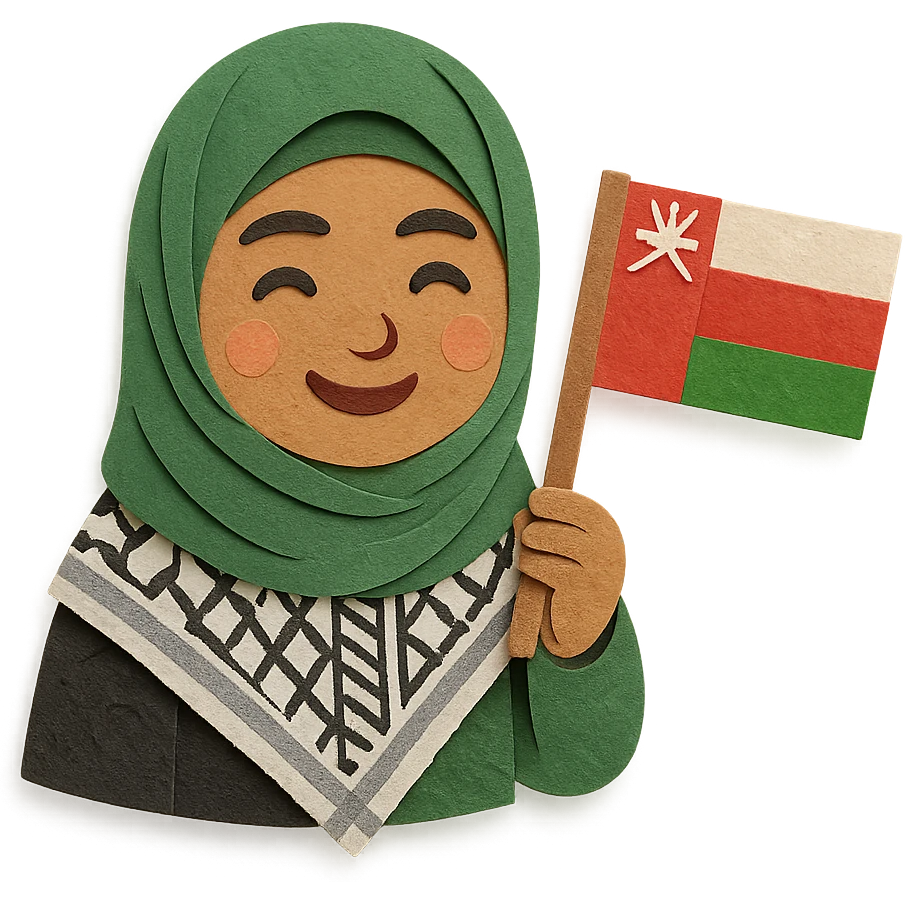 a hijab-wearing girl wearing the Palestinian keffiyeh and holding the Oman flag, paper craft style emoji