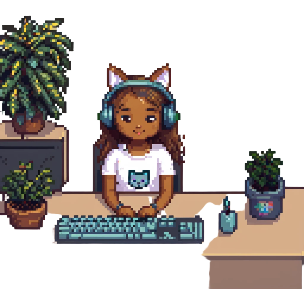 light brown-skinned girl wearing cat headphones working on her computer pixel art emoji