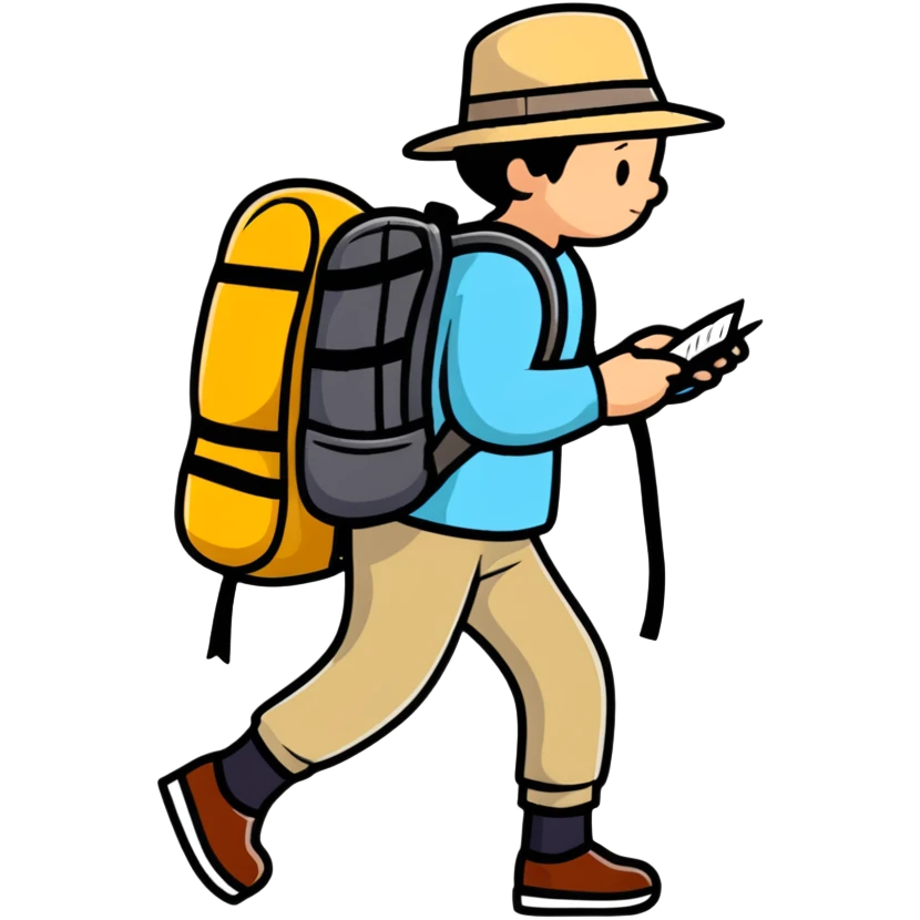 sad tired traveler with backpack and hat walking emoji