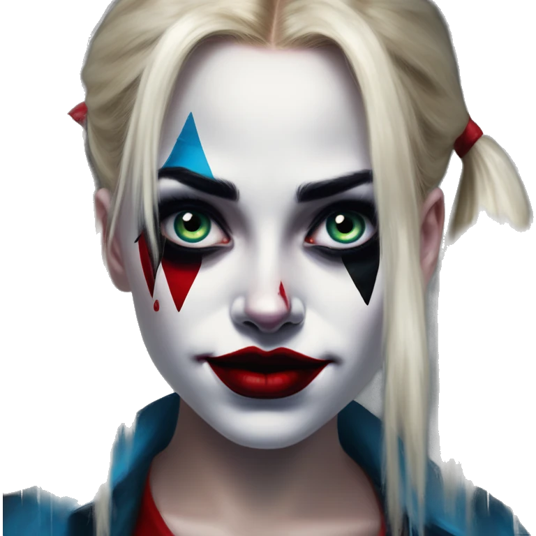 Tears in Harley Quinn style, oil paint, mysterious eyes, intricate lips, masterpiece portrait, odd perspective, beautiful, desirable, logical emoji