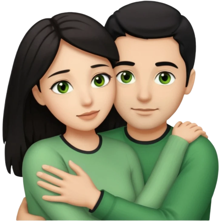 Woman  with brown eyes and black hair hugging a man with green eyes and light brown hair emoji