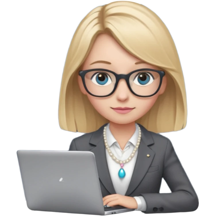 Please take the girl with laptop emoji and make her glassess light brown, her eyes ocean blue and her nose a bit smaller and pointier and she has blonde very long hair and a dark grey suit and pearls necklace, and has a laptop in fron of her and a tiny pink bow on the left side of her head emoji