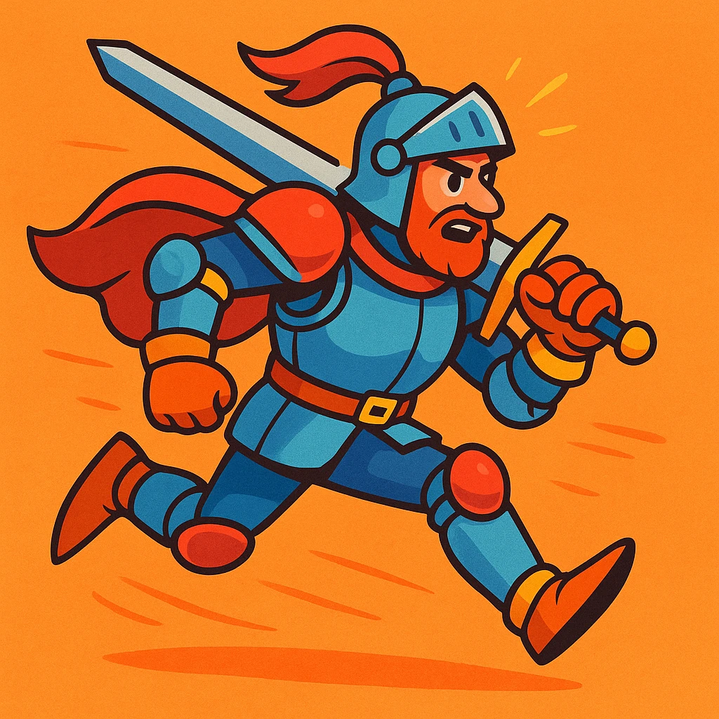 man in a medieval knight costume running, action pose, detailed armor, vibrant colors, energetic cartoon style emoji