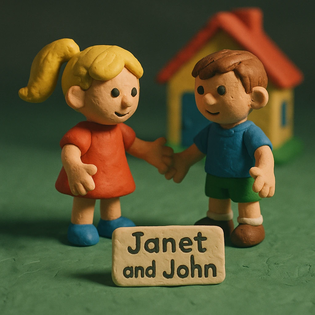 Janet and John story scene in claymation style emoji