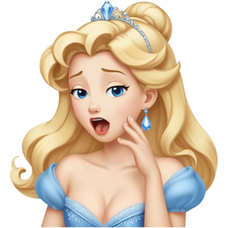 Cinematic Realistic Yawning Cinderella Portrait, showcasing lifelike porcelain skin and intricately detailed golden-blonde hair styled flawlessly as she mid-yawn reveals a moment of tender vulnerability. Her half-closed blue eyes and relaxed expression are rendered with natural, soft lighting that emphasizes the subtle textures of her face and the detailed, flowing fabric of her iconic gown. The scene glows with a cozy, authentic warmth that captures a rare, intimate moment of repose. emoji