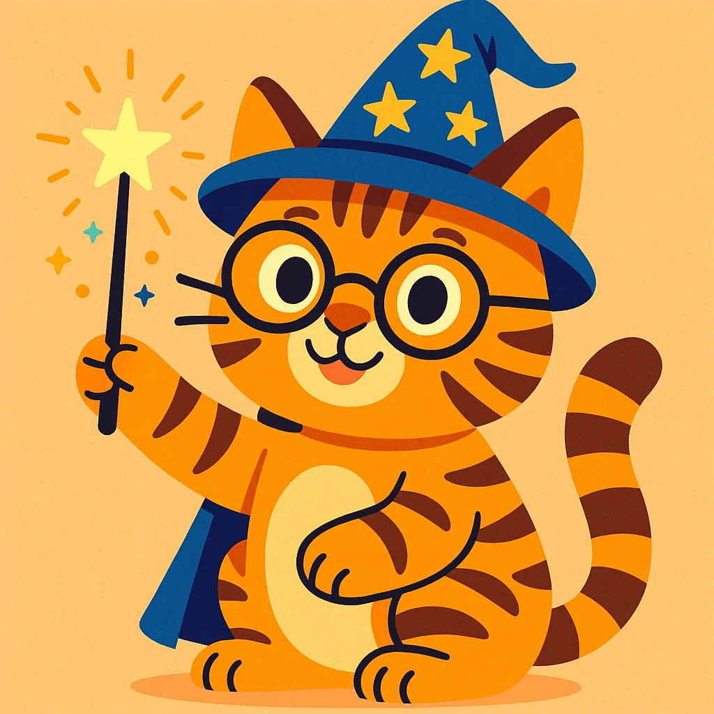 a tabby cat with a wizard hat, Harry Potter glasses, and a magic wand, playful style emoji