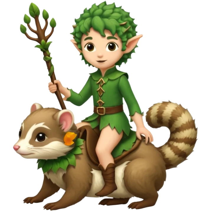 tiny forest elf with messy curls riding ferret emoji