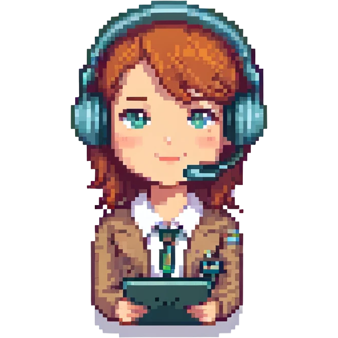 female recruiter, cute, pixel art with a headset emoji