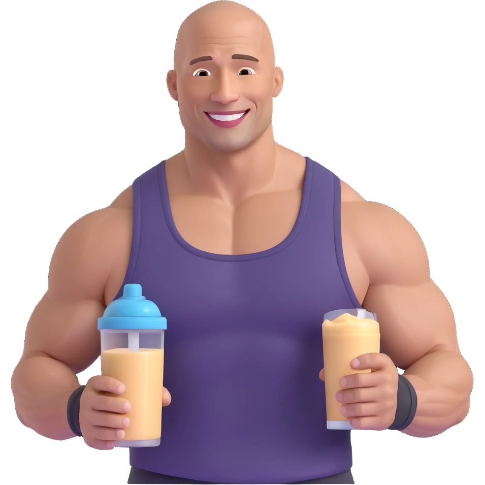 emoji of muscular bald man resembling Dwayne Johnson smiling and holding a protein shake, wearing a tank top emoji