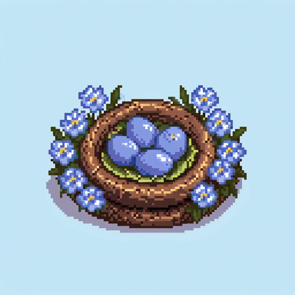 Nest with blue eggs and spring flowers around it emoji