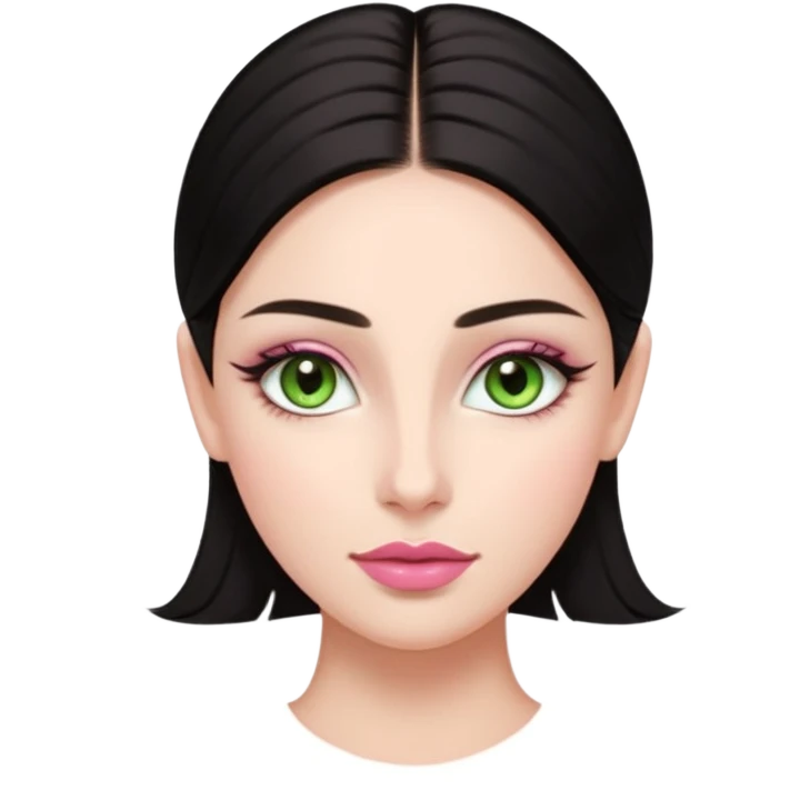 Front-facing portrait of a young woman with fair glowing skin, symmetrical features, light green almond-shaped eyes, long lashes, soft arched brows, straight refined nose, and full natural pink lips. Dark sleek hair pulled back with a middle part.  emoji