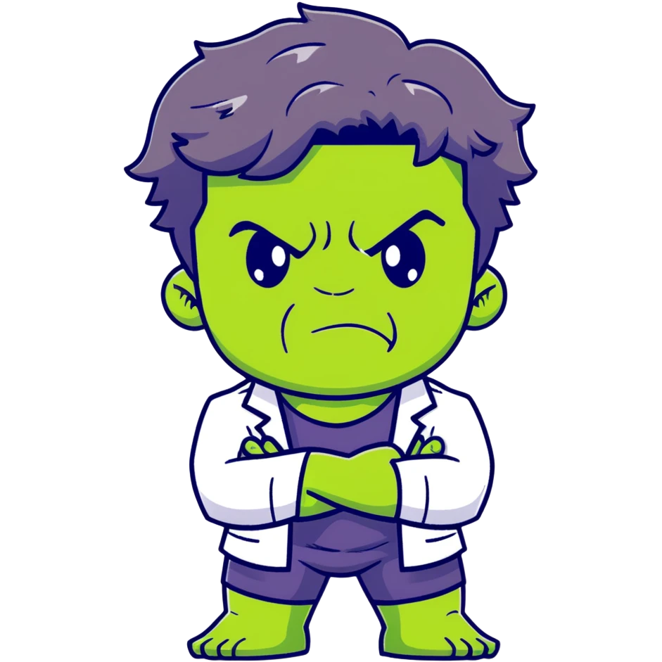 Chibi Bruce Banner transforming into Hulk, showing stages of transformation from nerdy scientist to green monster, cute big head style, adorable expression changing from worried to angry emoji