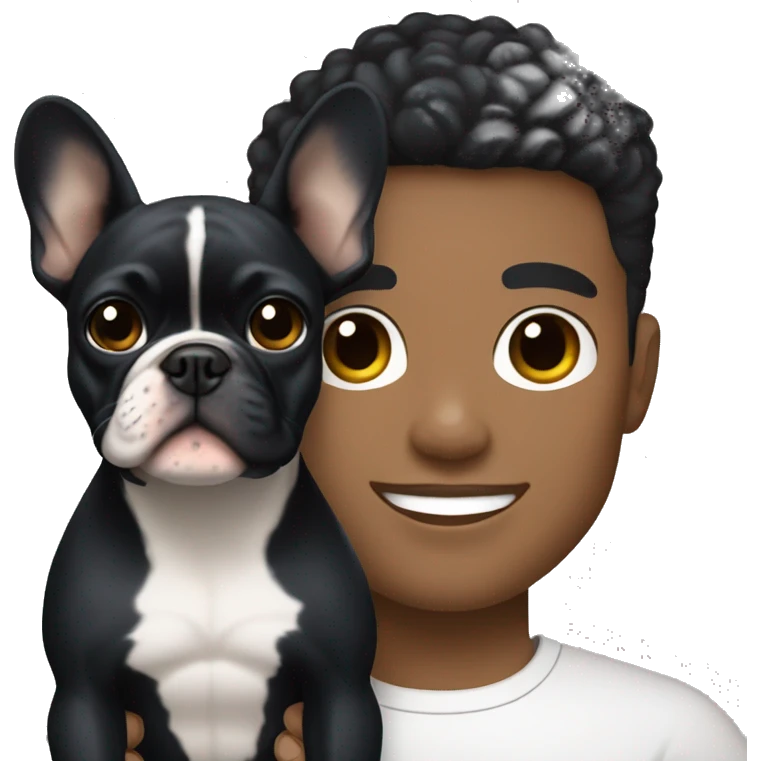 athletic light skin male with short black hair holding a french bulldog emoji