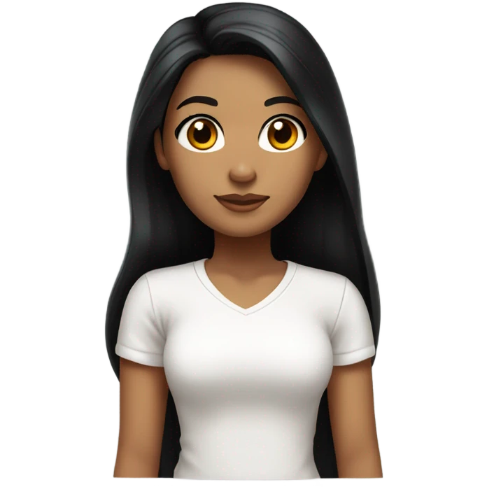 a tan girl with long silky jet black hair, brown eyes, long lashes, and a white tshirt. emoji