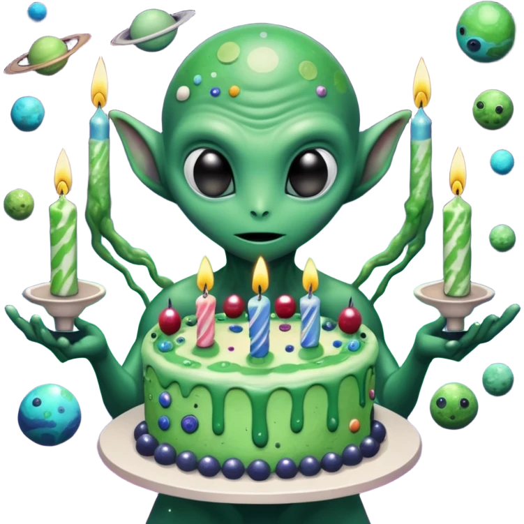 A giant alien holding a birthday cake that is actually a miniature galaxy, tiny planets orbiting the candles, cosmic dust swirling, epic scale contrast, ultra detailed space fantasy art

 emoji