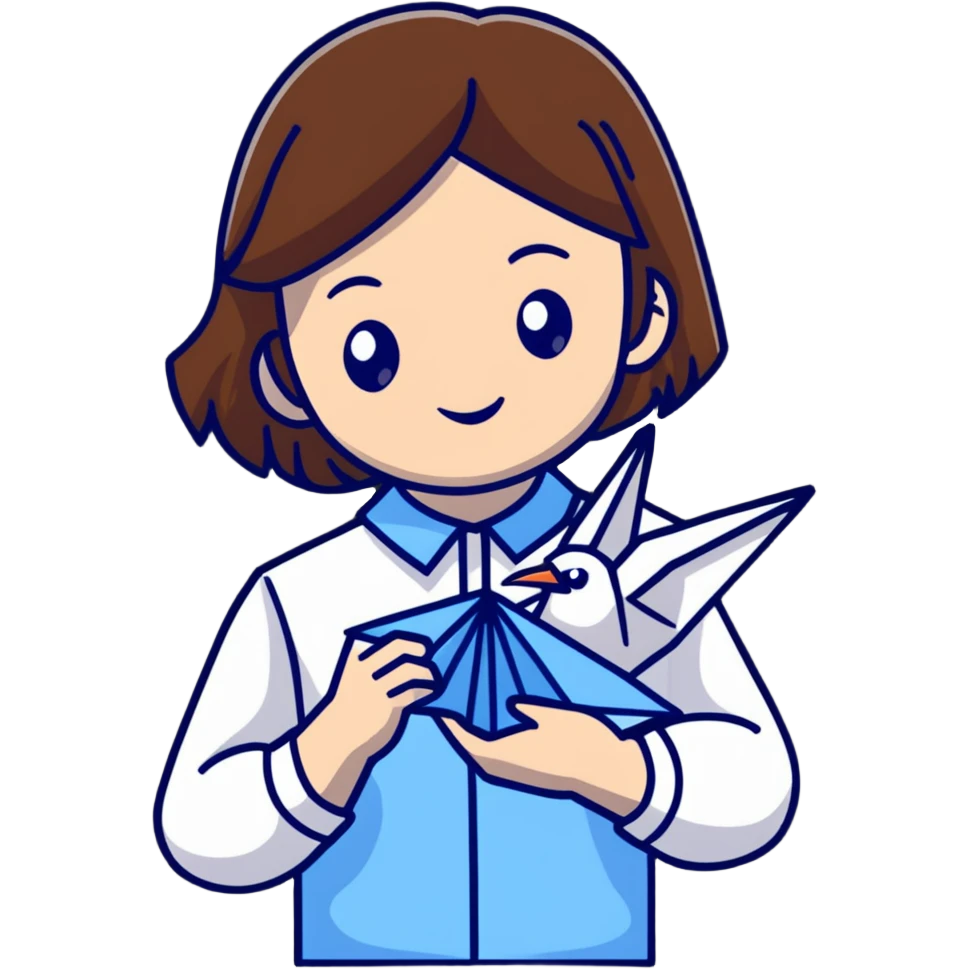 A Ukrainian young girl with brown hair wearing a white embroidered shirt holds an origami blue crane emoji