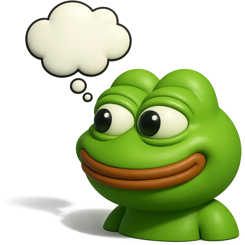 make a pepe in bright green smiling with thought bubble looking at right side in 3d style, good highlights and shadows, drop shadows  emoji