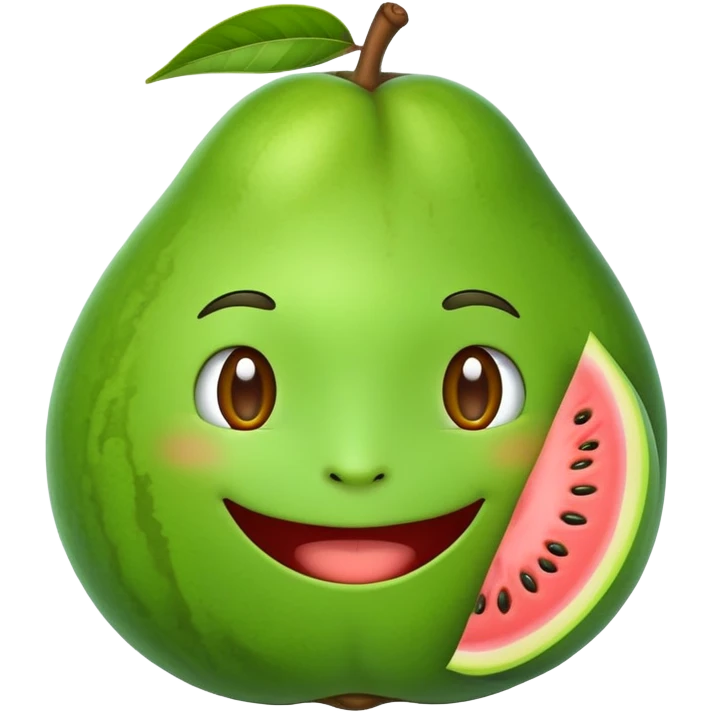A cartoon guava character with a smiling face emoji