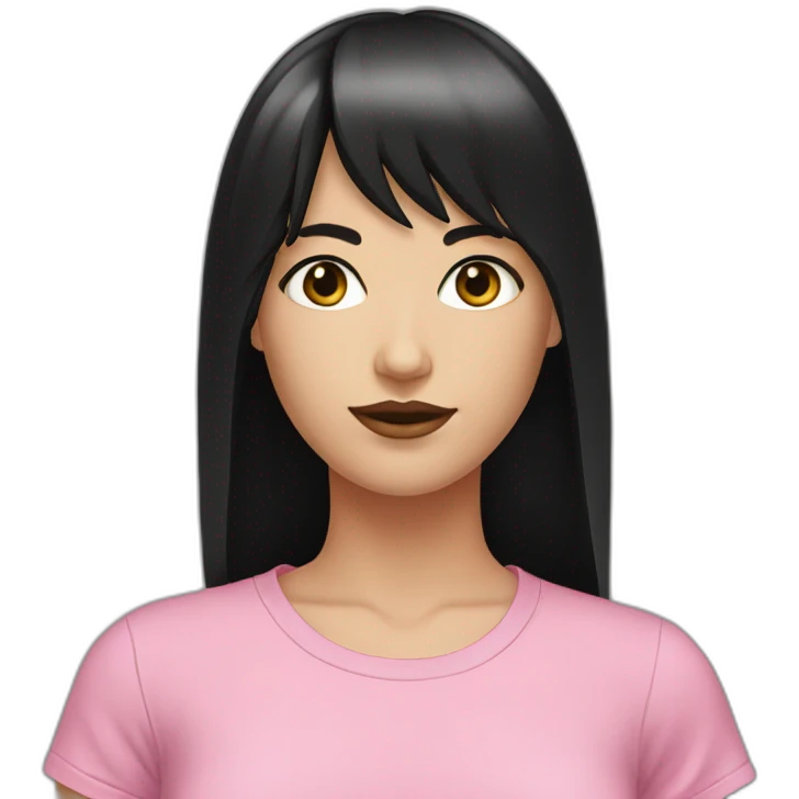 white woman tall black hair black eyes bangs pink t-shirt emoji