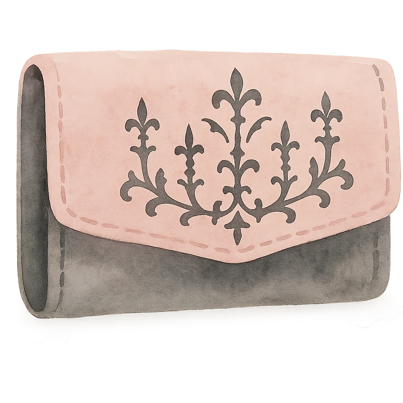 pink and black gothic wallet, flowing colors, delicate gothic patterns, dreamy look emoji