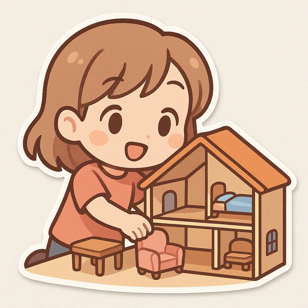 smiling girl arranging furniture in doll house emoji